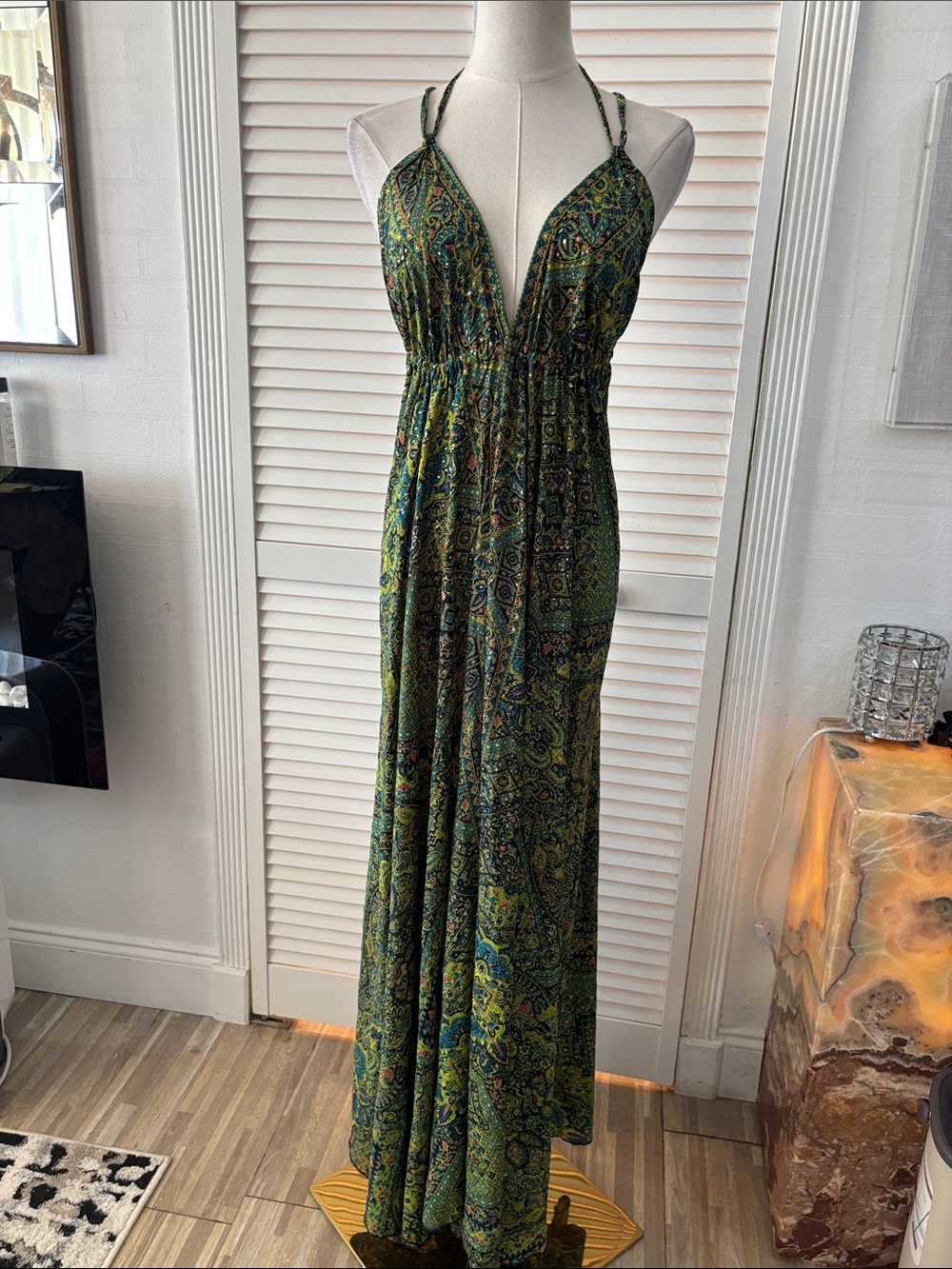 Boho love Bohemian Green Paisley Halter Maxi Dress, S-M